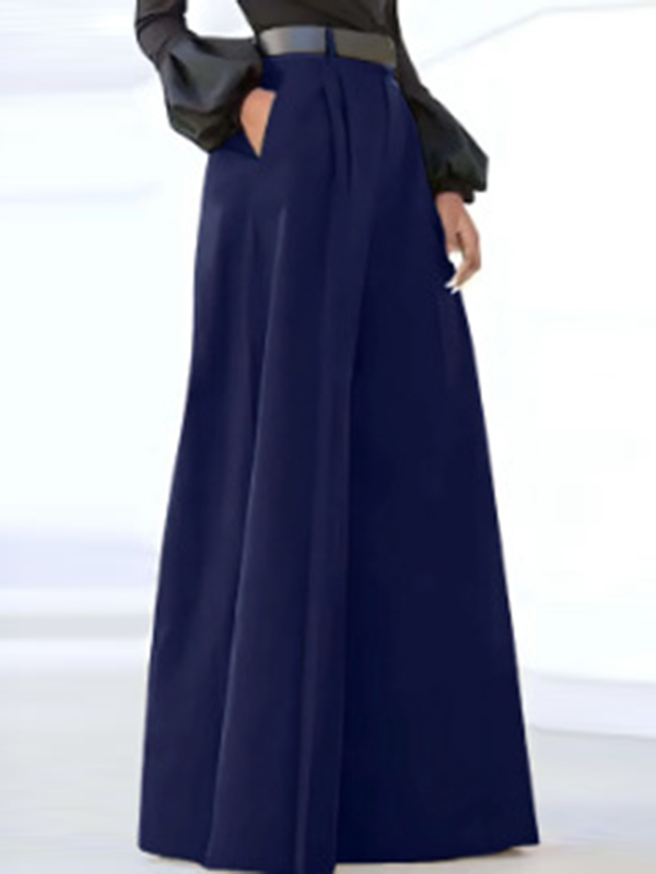 Split-Joint Solid Color Pleated Wide Leg Plus Size Trousers Pants NAVY BLUE-L