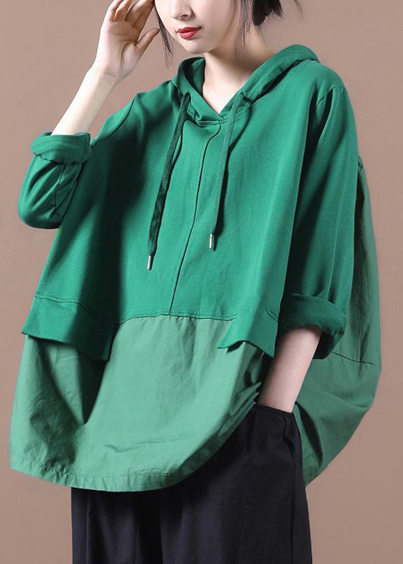 VCSHOES Green Patchwork Drawstring Hooded Sweatshirts Long Sleeve