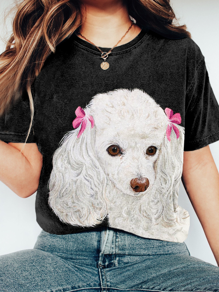 Comstylish Cute French Poodle Pattern Vintage Washed T Shirt