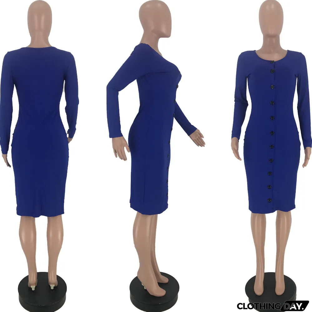 Solid Color Pit-strip Button Dress