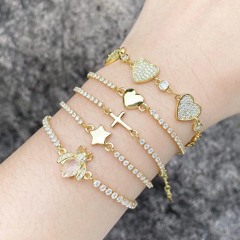 Minimalist Cross Star Heart Shape Copper Plating Inlay Zircon 18k Gold Plated Bracelets