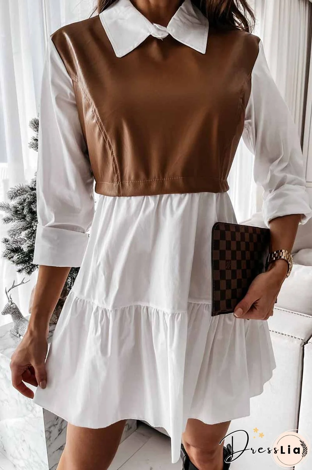 Shirt Skirt And Leather Stitching Mini Dress