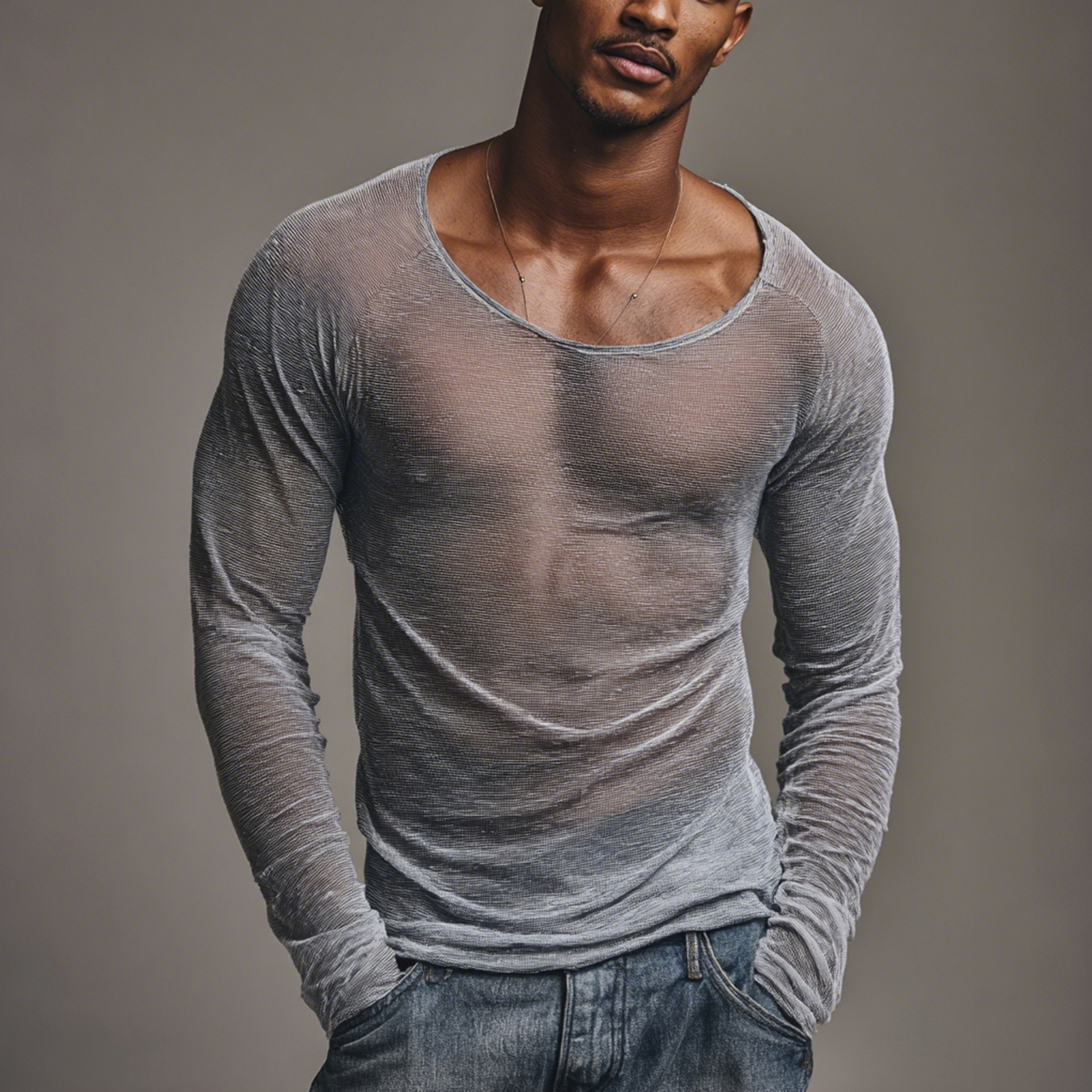 Deep V-Neck Long Sleeve Sheer Top for Men