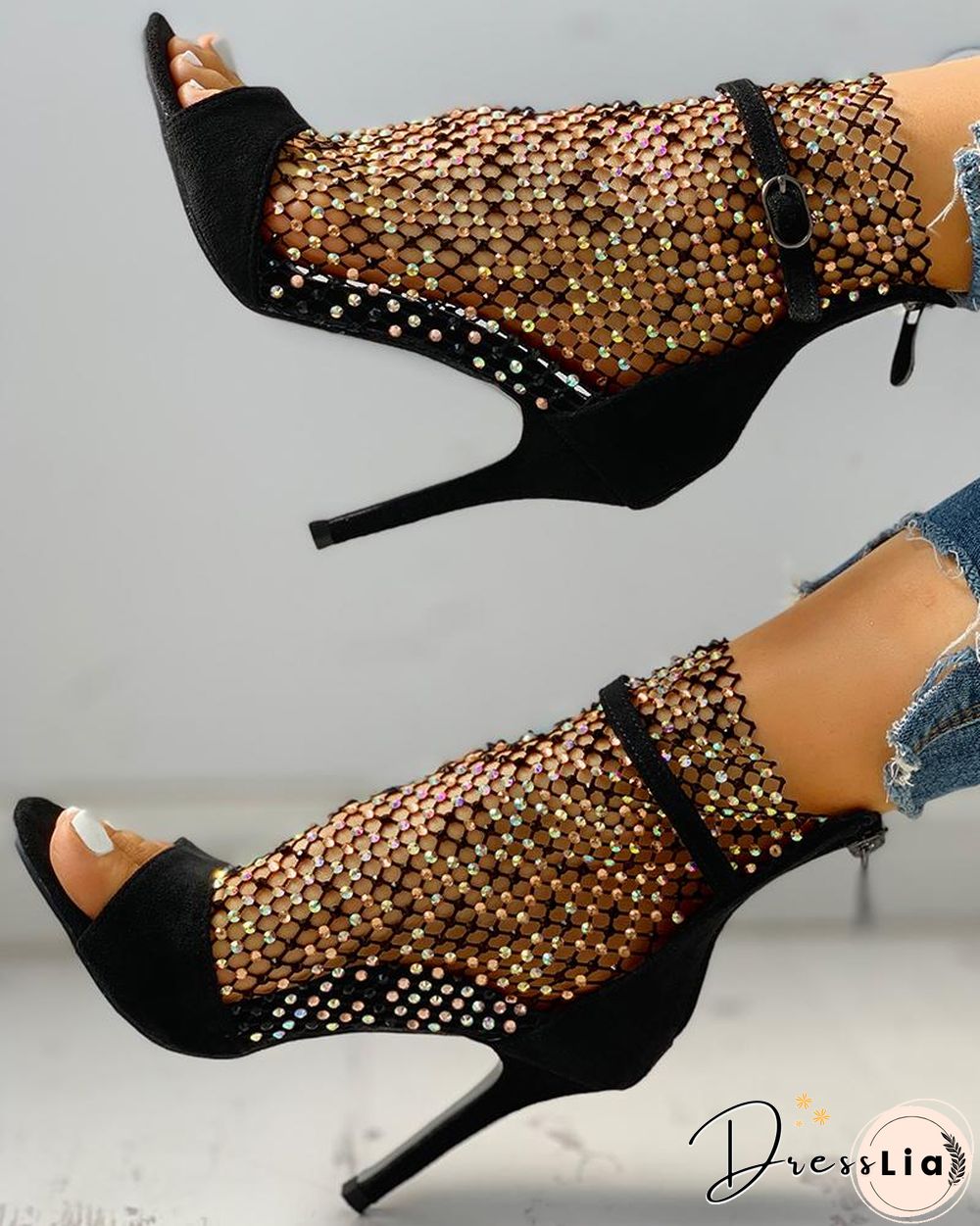 Studded Grid Mesh Open Toe Thin Heels