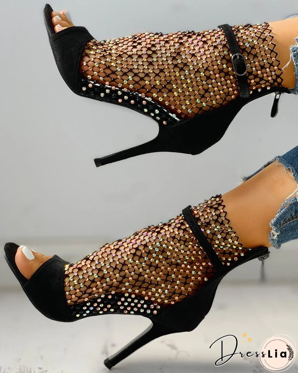 Studded Grid Mesh Open Toe Thin Heels
