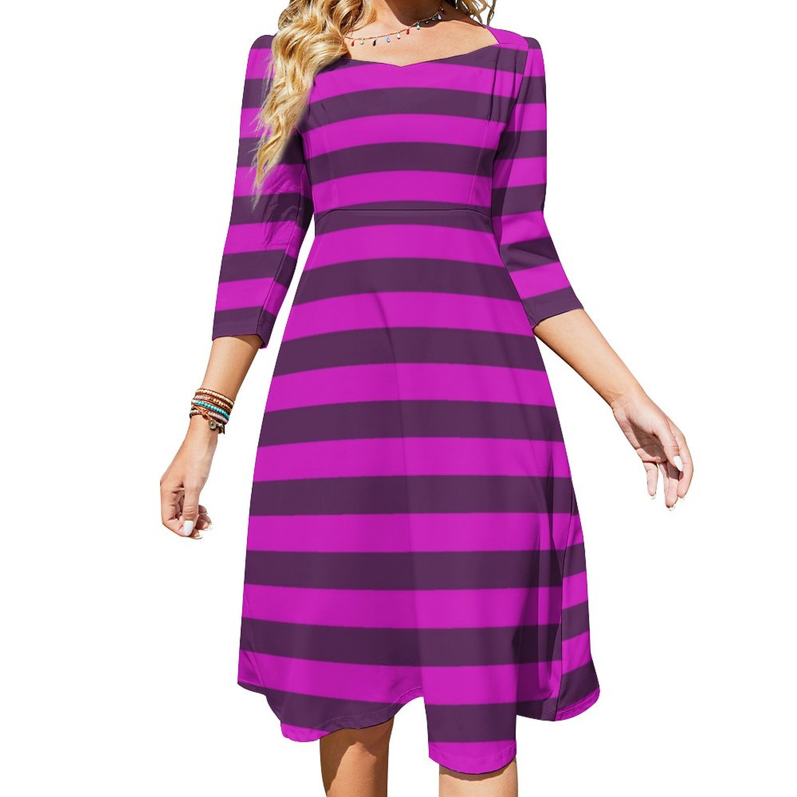 Dark Purple And Magenta Stripes Dress Sweetheart Tie Back Flared 3/4 Sleeve Midi Dresses