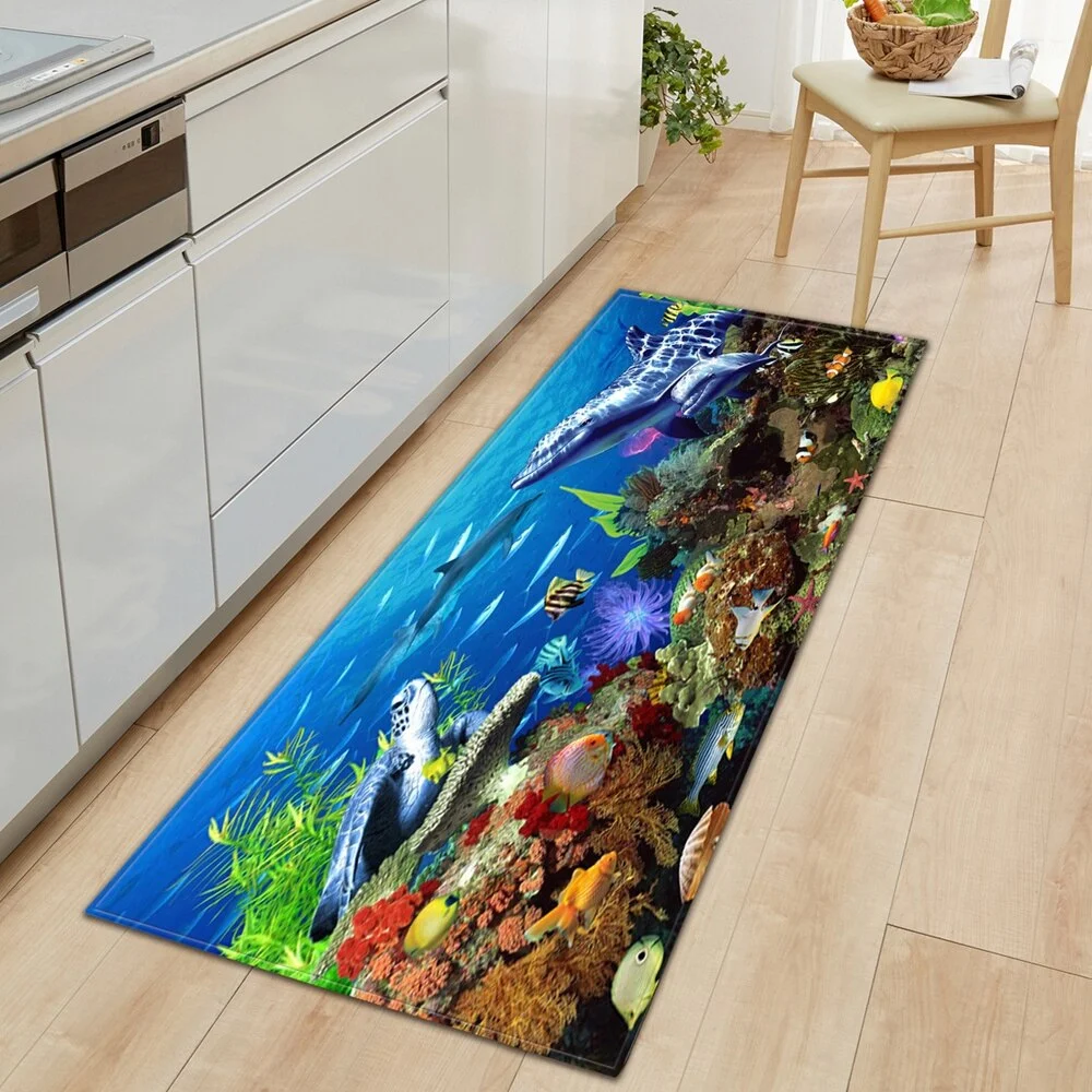 3D Underwater World Kitchen Mat  Entrance Doormat Bedroom Floor Decoration Living Room Carpet Bathroom Non-Slip Rug Long Strip
