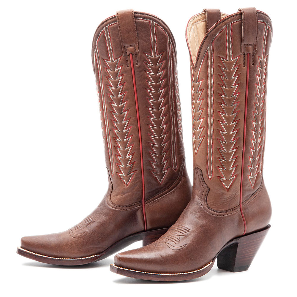 Snip Toe Chunky Heel Stitching Knee-High Cowgirl Boots in Brown Nicepairs