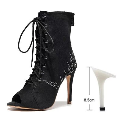 VCshoes Woman Black Flannel Latin Dance Boots Women Open Toe Stiletto Bootie Ladies Rhinestone Jazz Ballroom Dancing Shoes