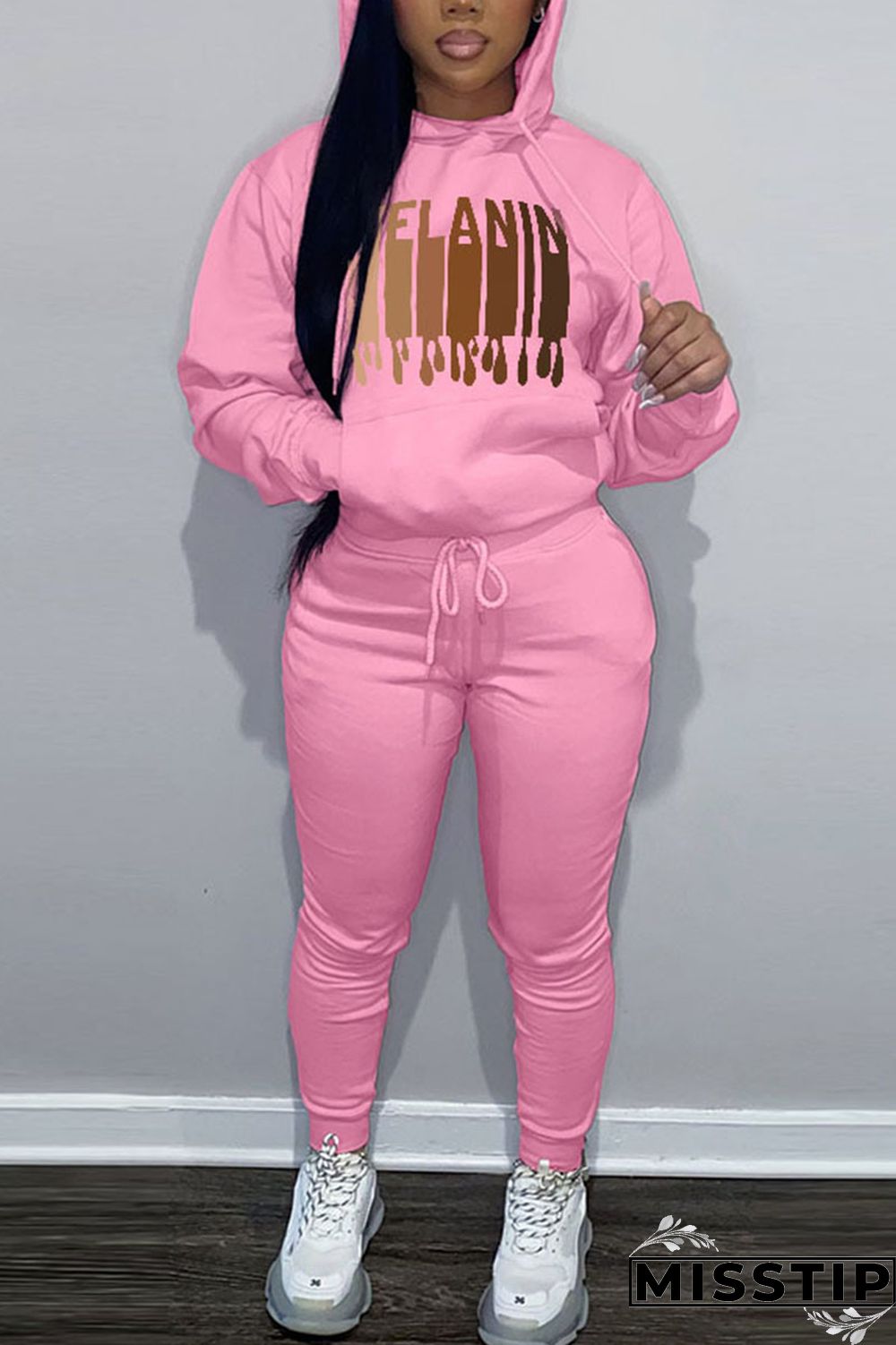 Brown Casual Print Patchwork Hooded Collar Long Sleeve Two Pieces