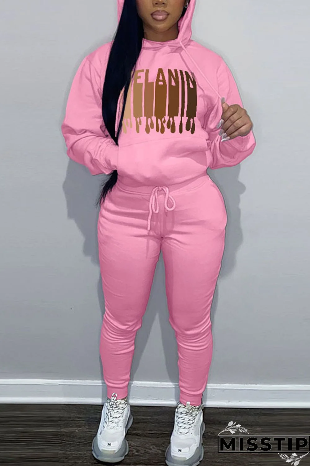 Brown Casual Print Patchwork Hooded Collar Long Sleeve Two Pieces