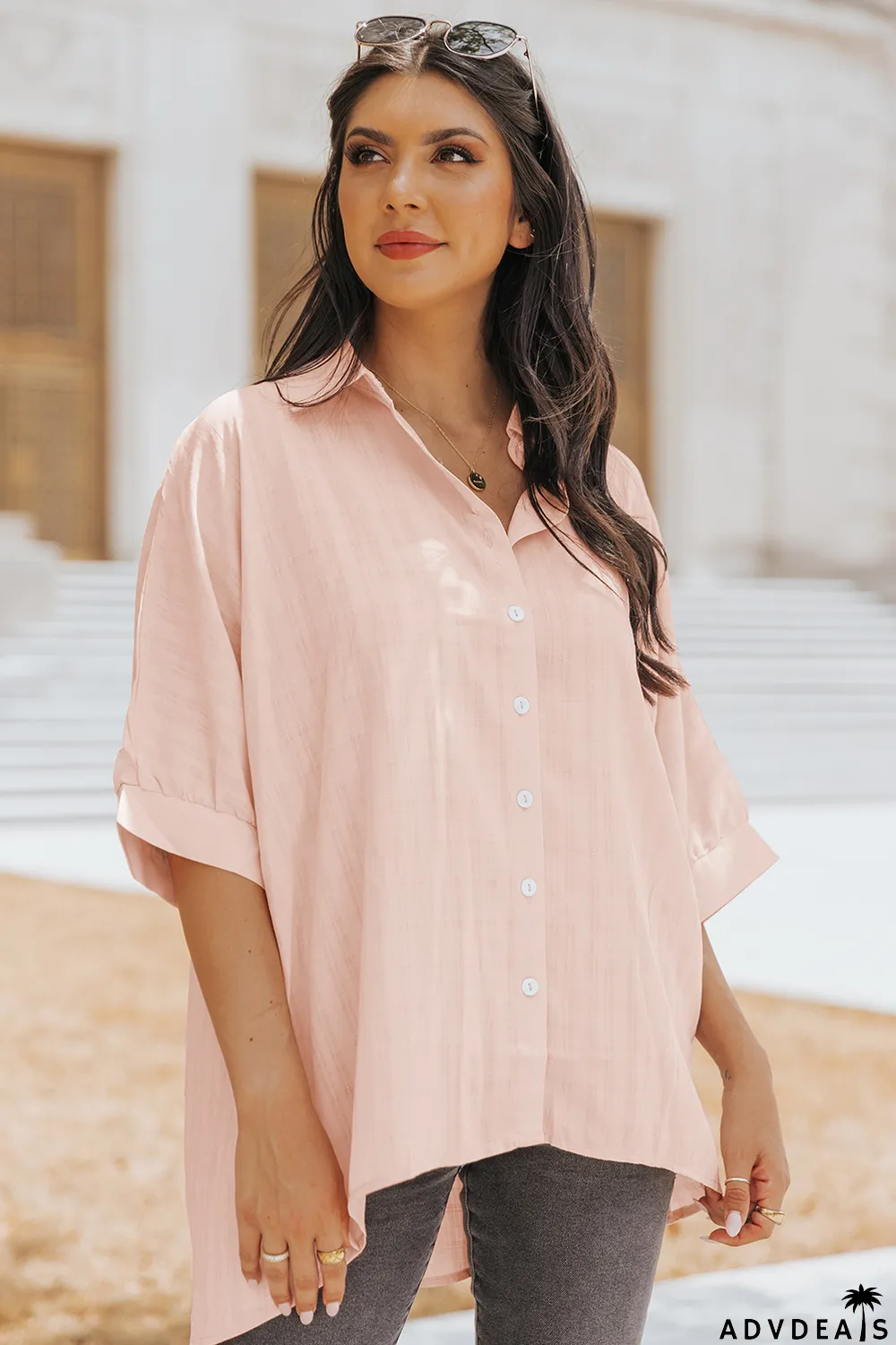 Pink Button Front Dolman Sleeves Shirt