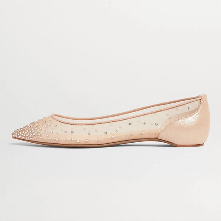 FSJ Nude Mesh Rhinestone Pointed Toe Flats for Women |FSJ Shoes