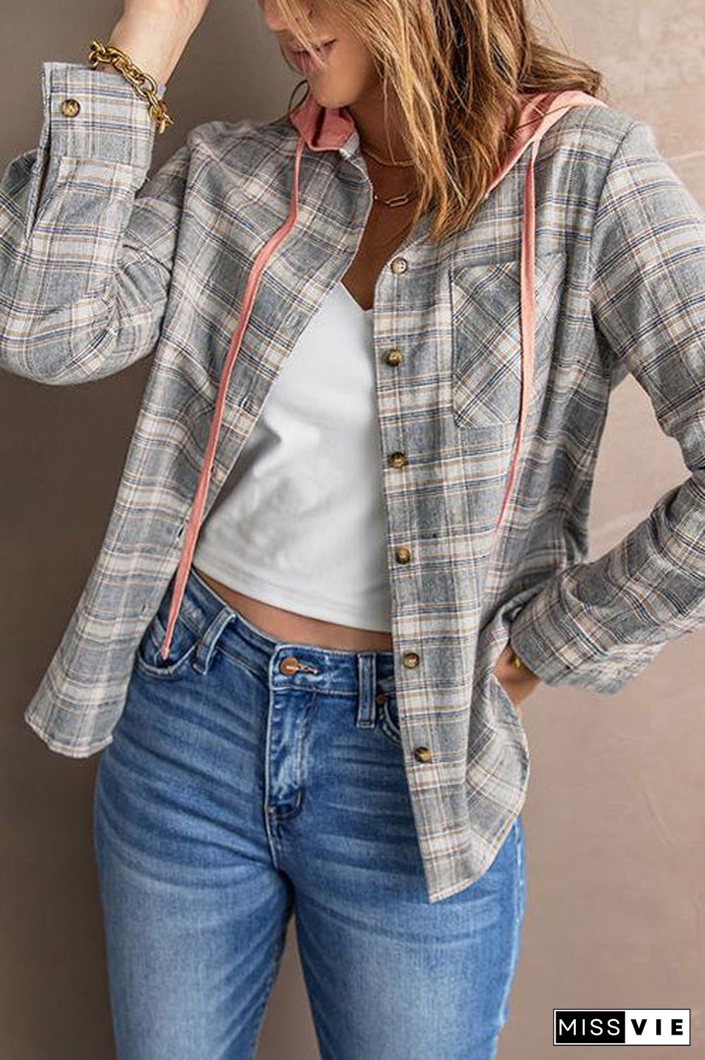Flannel Plaid Button Down Hoodie Top