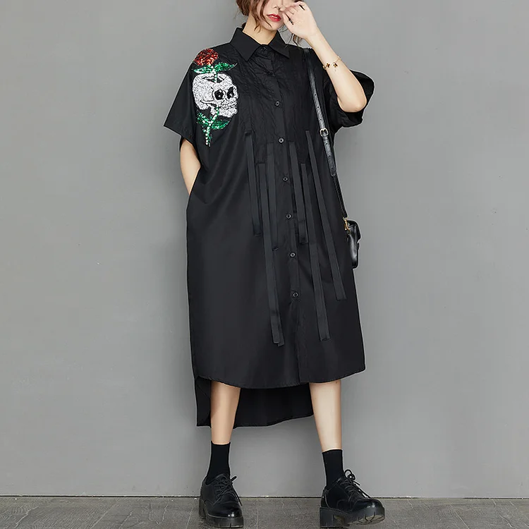Cool Black Skull Print Shirt Midi Dress - yankia