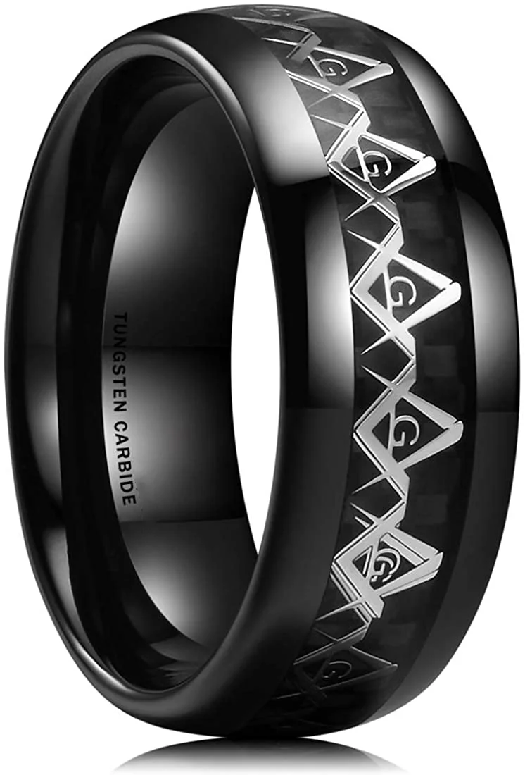 Women's Or Men's Classic 8mm Black Tungsten Carbide Ring Masonic Compass Black Carbon Fiber Inlay Comfort Wedding Bands custom