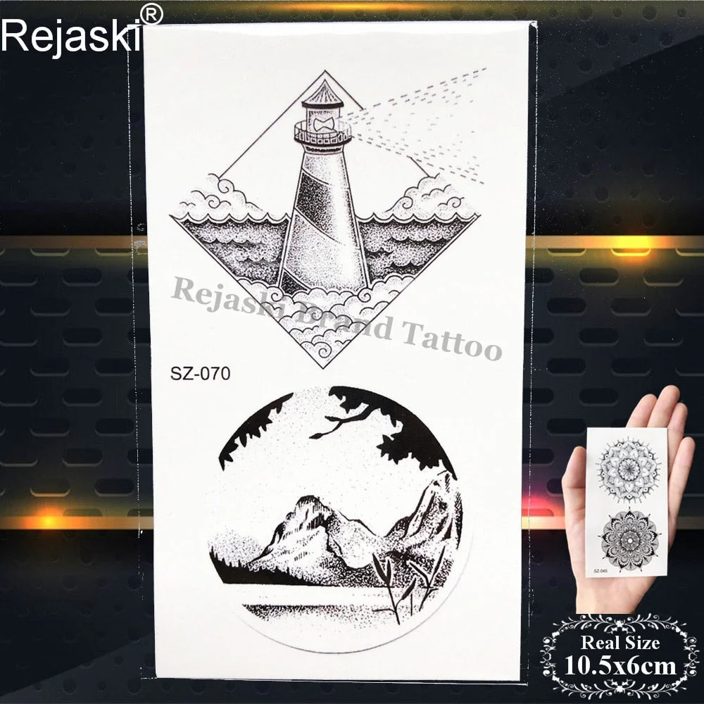 Rejaski Black Temporary Tattoo Stickers Women Iceberg Arm Geometry Waterproof Tatoos Men Mountain Fake Tattoo 3D Summer Style