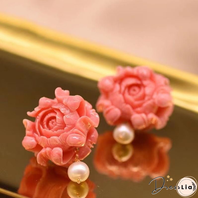 Regular Red Sterling Silver Pearl Floral Stud Earrings