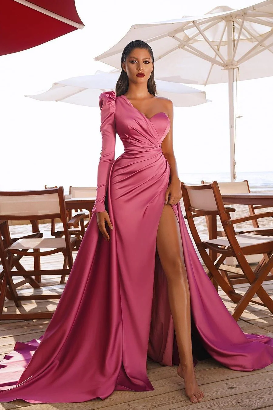 Glamorous One Shoulder Long Sleeve Prom Dress With Slit