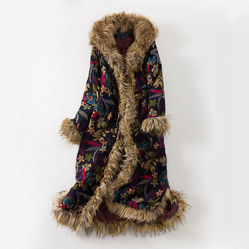 Winter Vintage Ethnic Style Women Floral Cotton-Padded Coat Long Thick Large Fur Collar Loose Hooded Padded Jacket