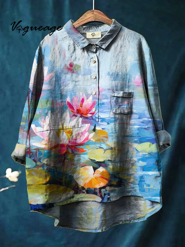 Colorful Watercolor Flower Print Cotton And Linen Shirt