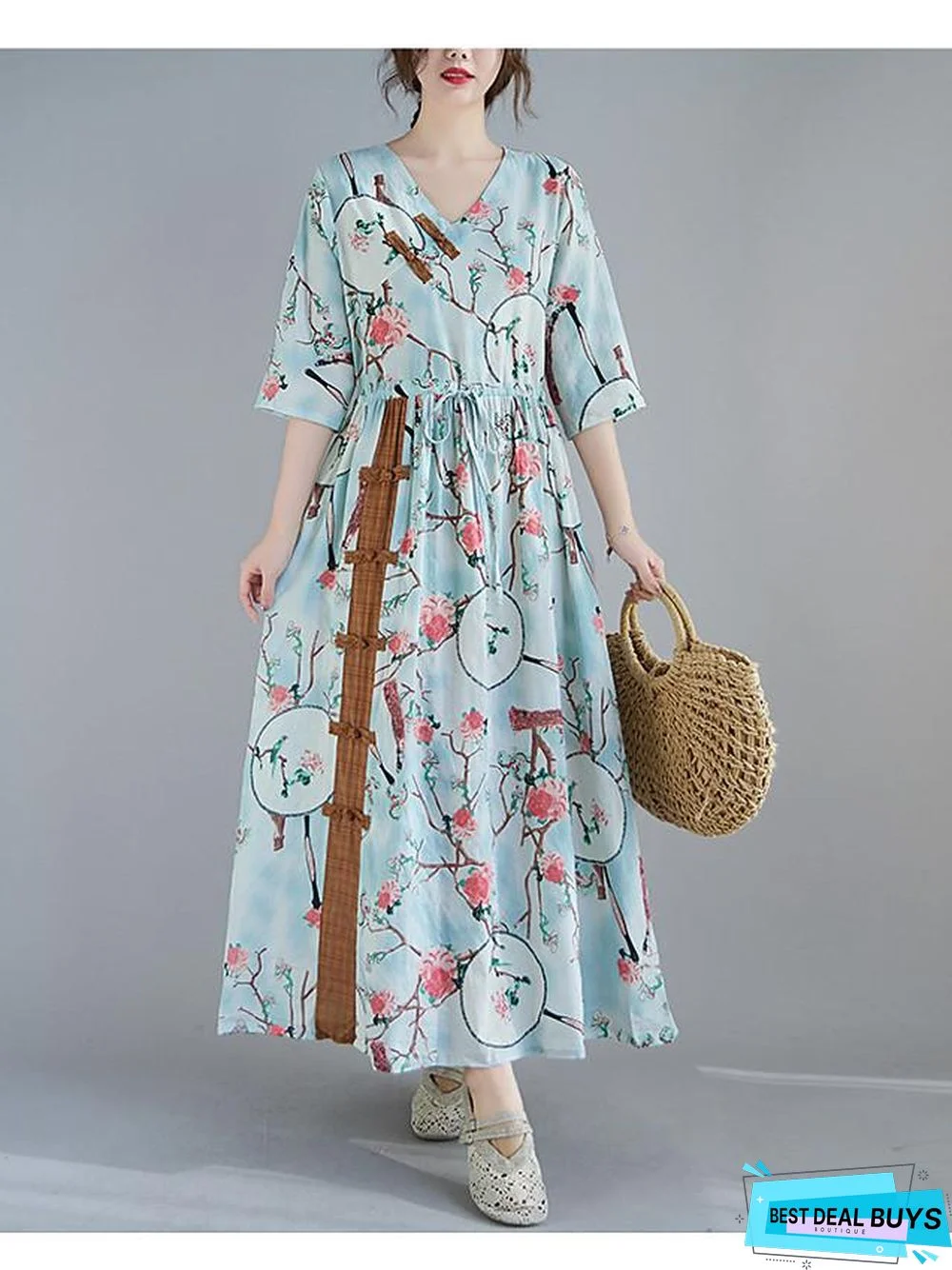 Women's Swing Dress Maxi Long Dress 3/4 Length Sleeve Floral Spring Summer Casual Blushing Pink Light Blue