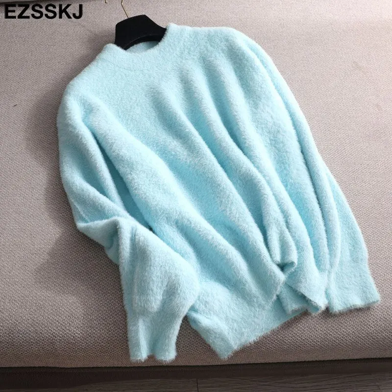 autumn winter oversize thick mink cashmere sweater poullovers women batwing sleeve 2021 female casual warm fur sweater jumper