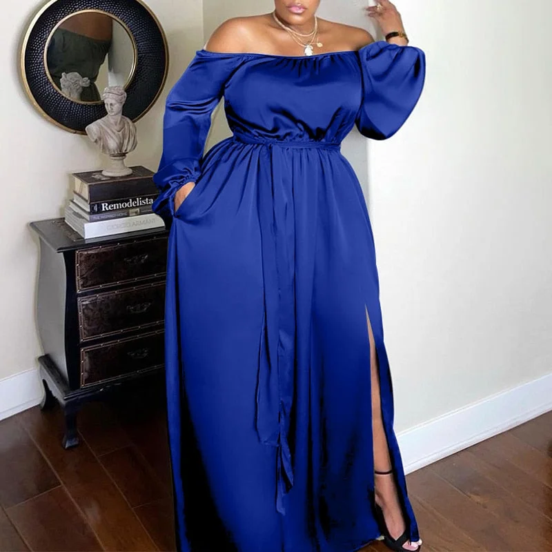 Women Off Shoulder Dress 2022 VONDA Vintage Tunic Long Maxi Dress Summer Beach Sundress Casual Side Slit Vestido Robe Femme