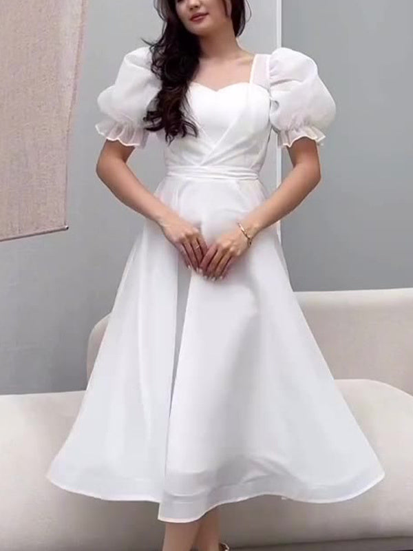 Women's Puff Sleeve Square Collar Solid Color Midi Dress