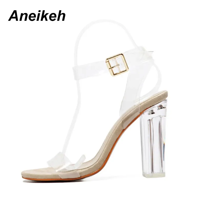 Aneikeh NEW 2021 Summer Women Sandals Size 41 42 Transparent PVC High Heels Shoes Ankle Strap Gladiator Sandals Women Dress Shoe