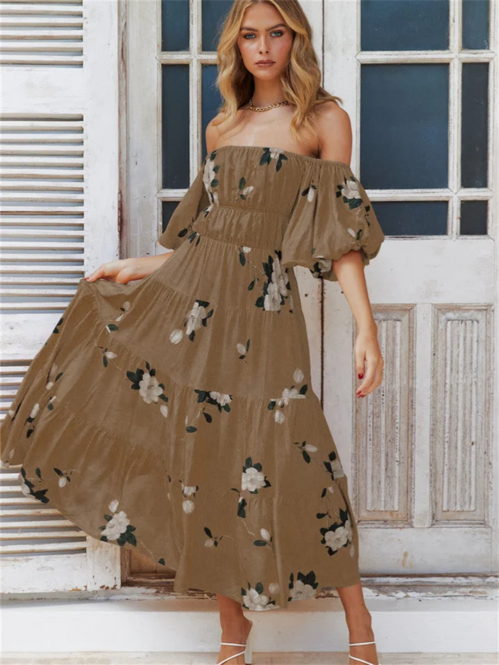 One-neck Strapless Bubble Sleeve Print Dress Short Sleeve Long Dress Brown Yellow Green S M L XL-Cosfine