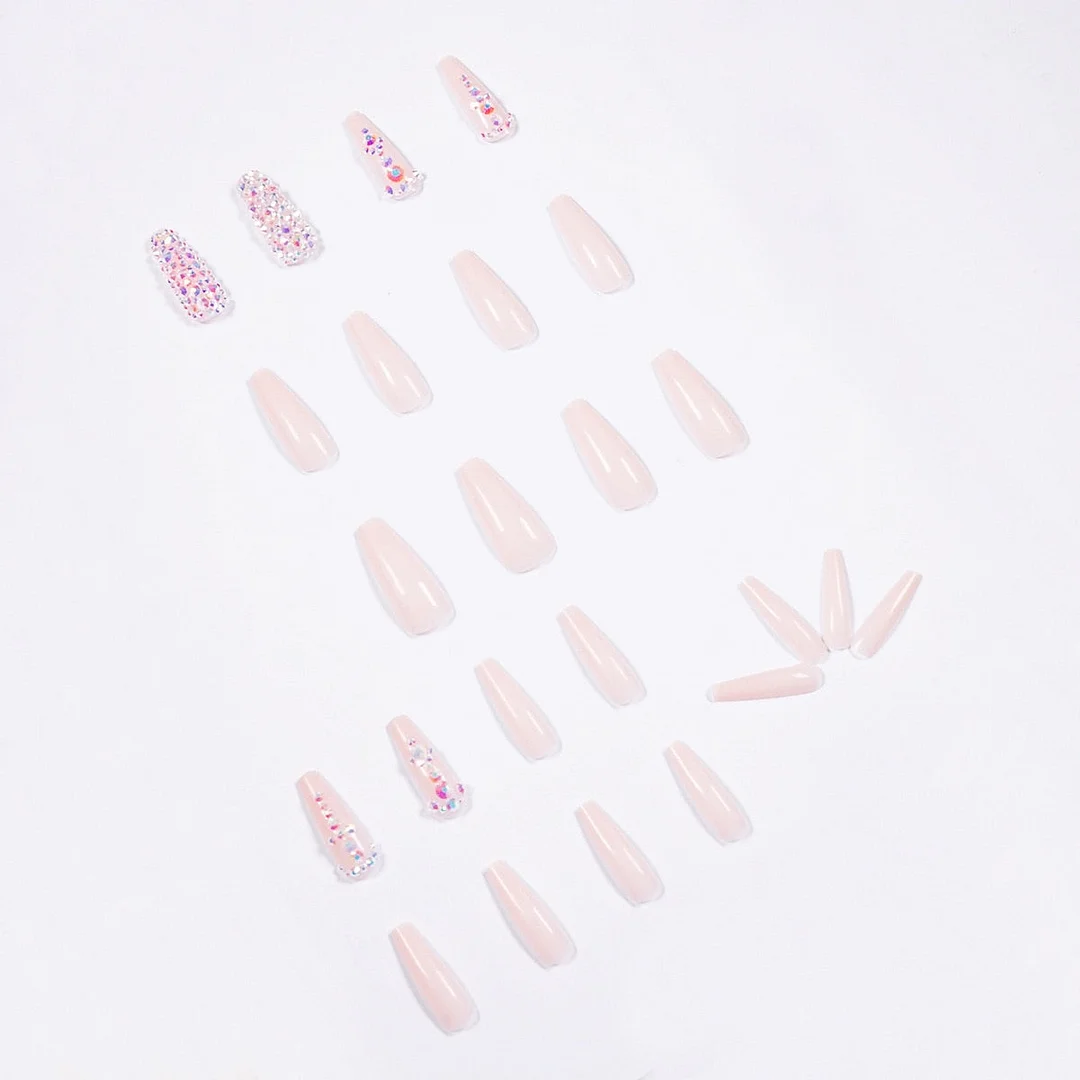24pcs Full Diamond Long Ballet Fake Nails Full cover Fake Nails Glue DIY Manicure Nail Art Tools-Nail Inspo