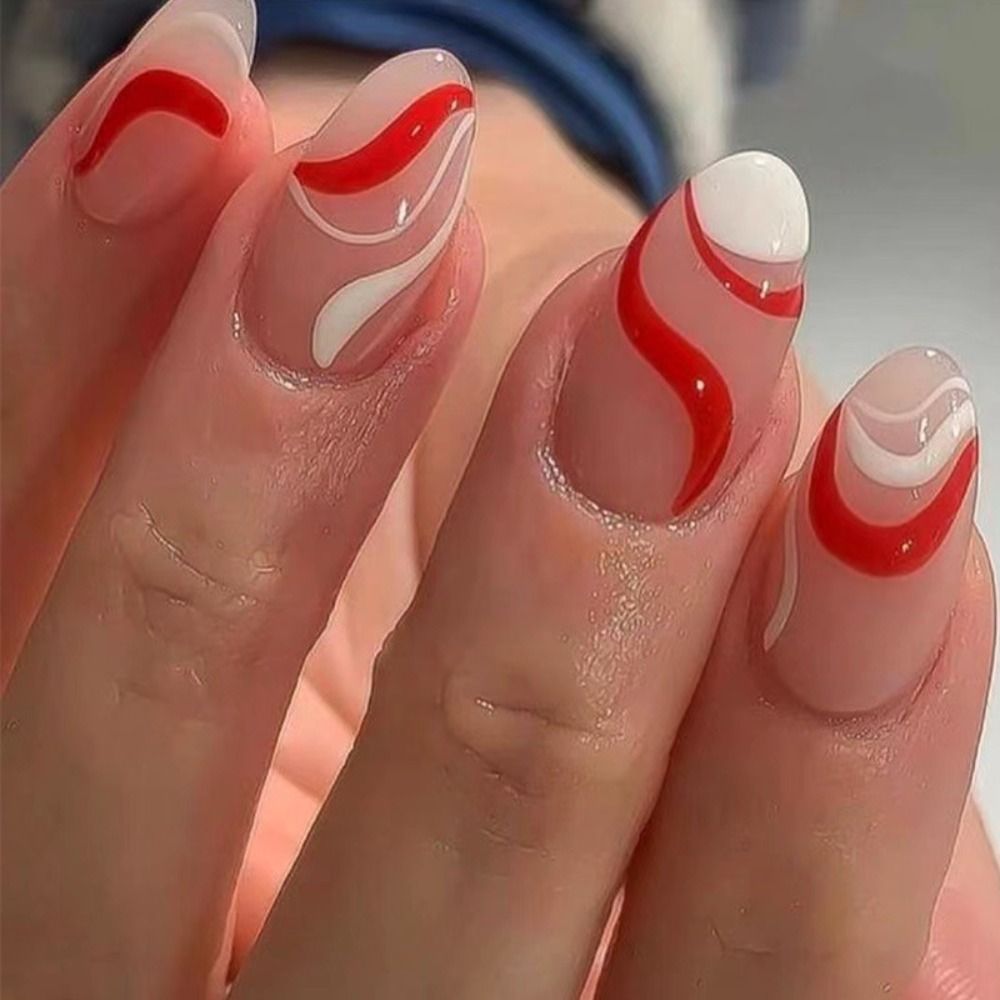 Simple Nails Design – Press On Nails Simple French Wave Line Design False Nails Round Acrylic Stiletto Full Cover Fake Nails Manicure Nail Art Tips | Cncures