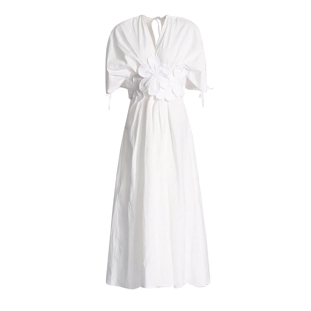 Elegante abito lungo floreale con scollo a V e vita alta