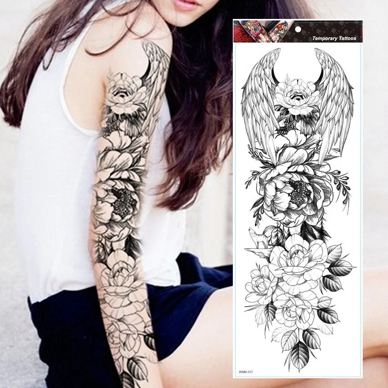 Large Arm Sleeve Tattoo Wing Flower Waterproof Temporary Tattoo Sticker Roses Men Full Skull Totem Tattoo