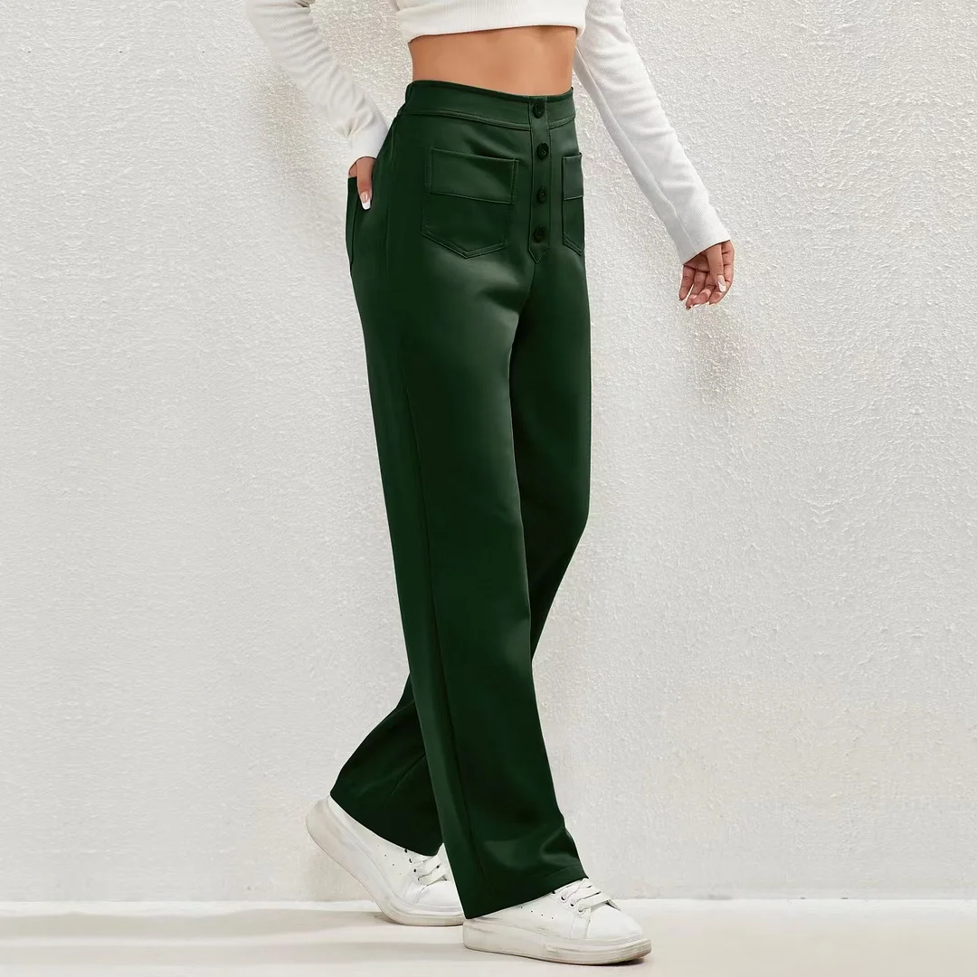 Wongn Wongn Fashion New Women's Casual Straight Pants High Waist Button Elastic Belt With Multiple Pockets