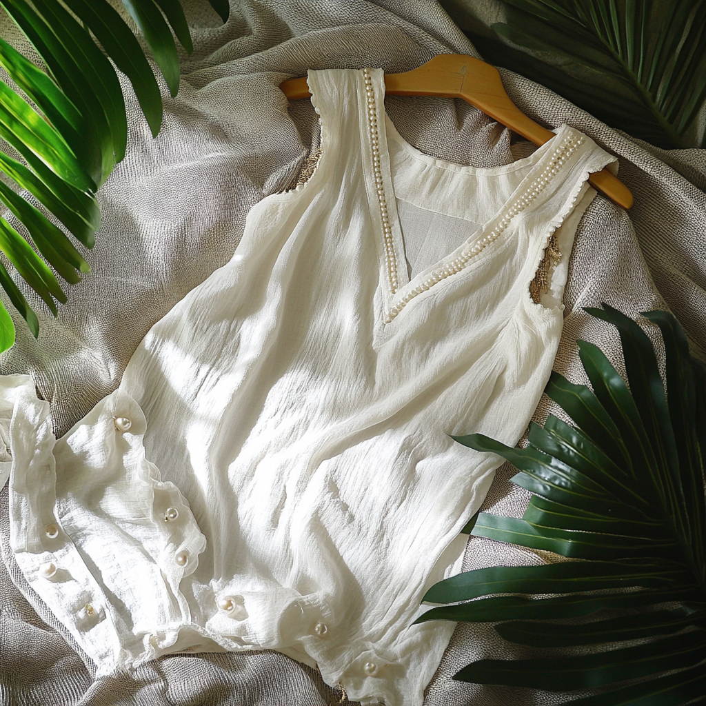  Elegant Pearl-Embellished V-Neck Blouse for Women - Perfect for Spring and Summer Outfits