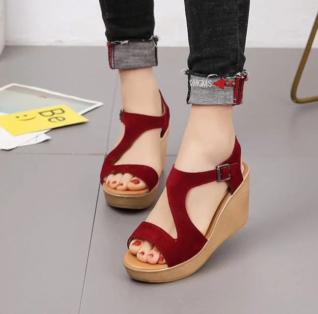 2020 Women Ladies Women Fish Mouth Non-slip Platform Slope High Heels Sandals Buckle Strap Sandals Outdoor Style for Women