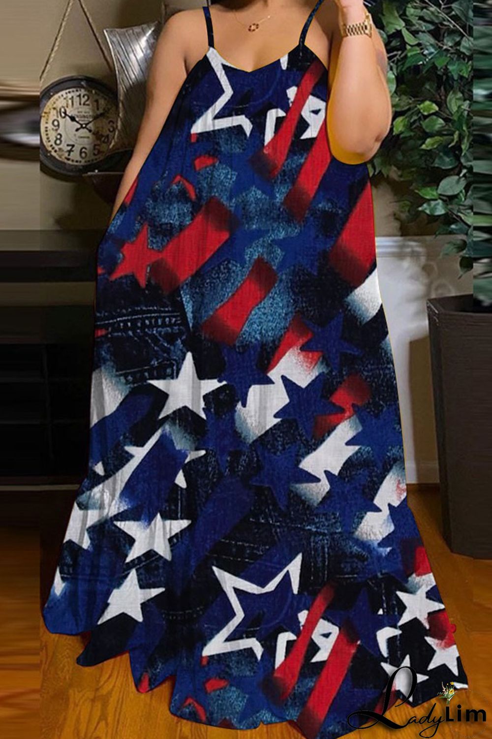 Gray Blue Casual Print Patchwork Spaghetti Strap Straight Dresses