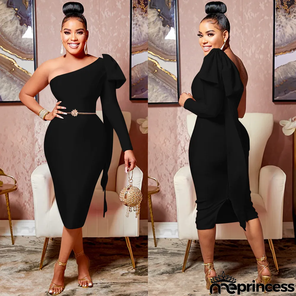 Elegant Solid One Shoulder Bow-knot Split Midi Dress