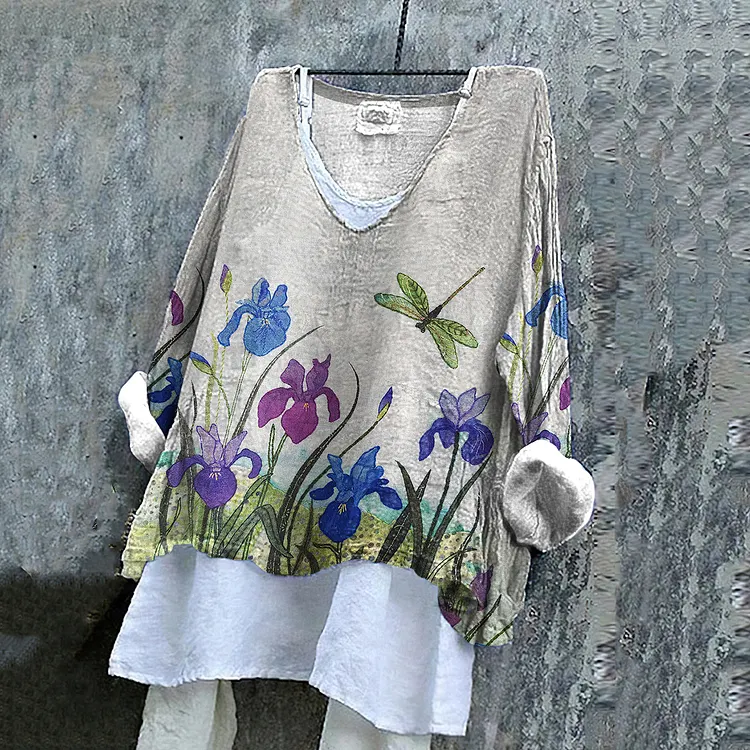 Women's Dragonfly Iris Floral Art Linen V-neck Shirt