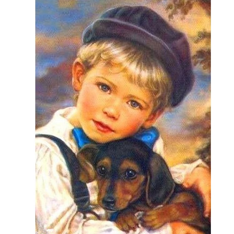 Peinture au diamant - ronde complète - garçon et chien
