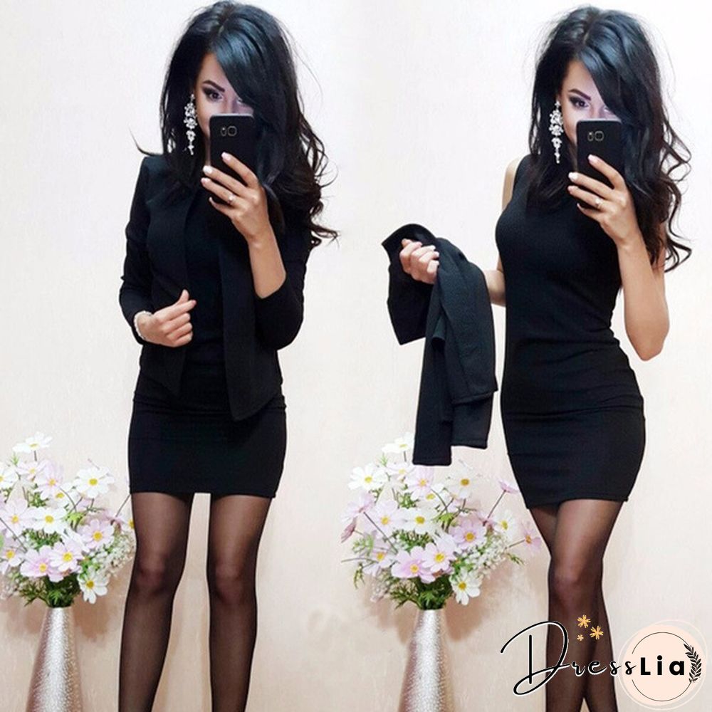 Women Pure Color Round Neck Pullover Long Sleeved Jacket Short Dress Suit