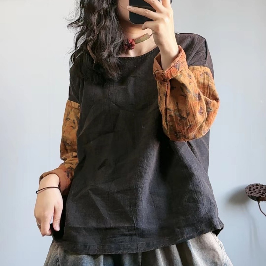 Literary Vintage Splicing Printed Round Neck T-shirt
