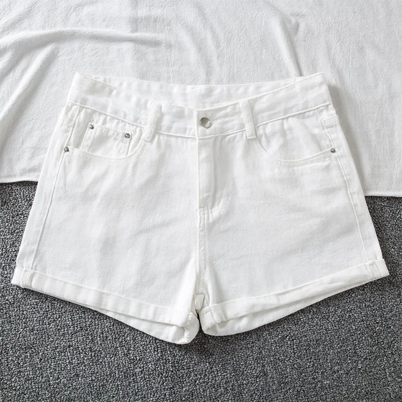 Ailegogo New Summer Women Wide Leg Classic High Waist Black Denim Shorts Casual Female Solid Color White Blue Loose Jeans Shorts