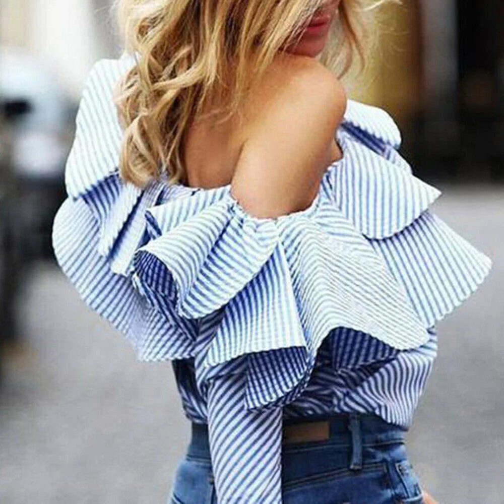 One Shoulder Ruffle OL Long Sleeve Blouse