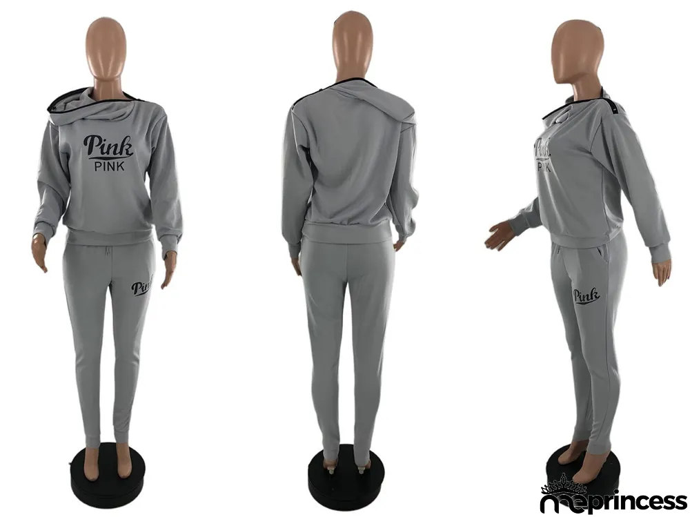 Plus Size Pink Letter Print Casual Two Piece Pants Set