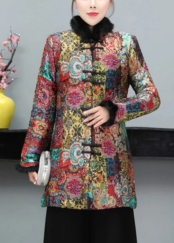 Women Multicolor Chinese Button Fine Cotton Filled Coat Long Sleeve