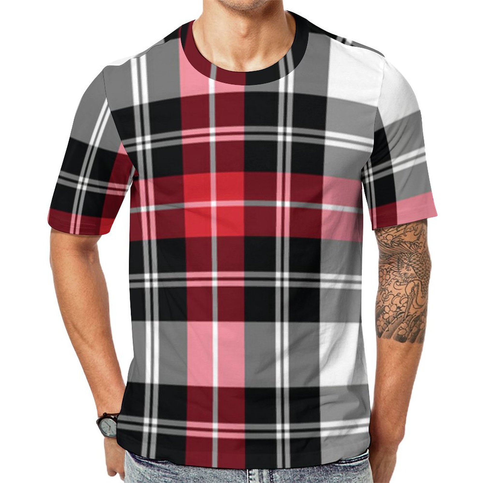 Red White Black Plaid Short Sleeve Print Unisex Tshirt Summer Casual Tees for Men and Women Coolcoshirts