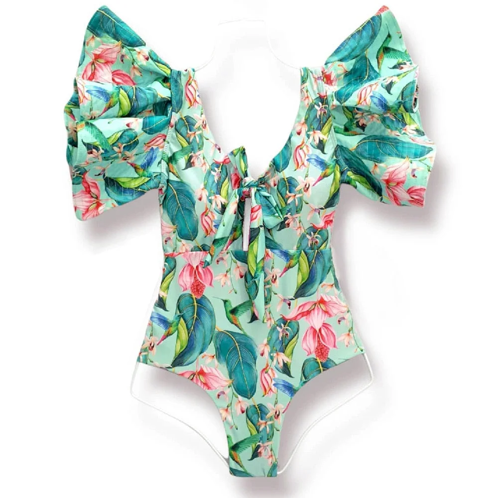 2022 New Sexy Ruffle Print Floral One Piece Strappy Slimming Swimwear Women Swimsuit Deep-V Bathing Suit Beach Wear Monkini